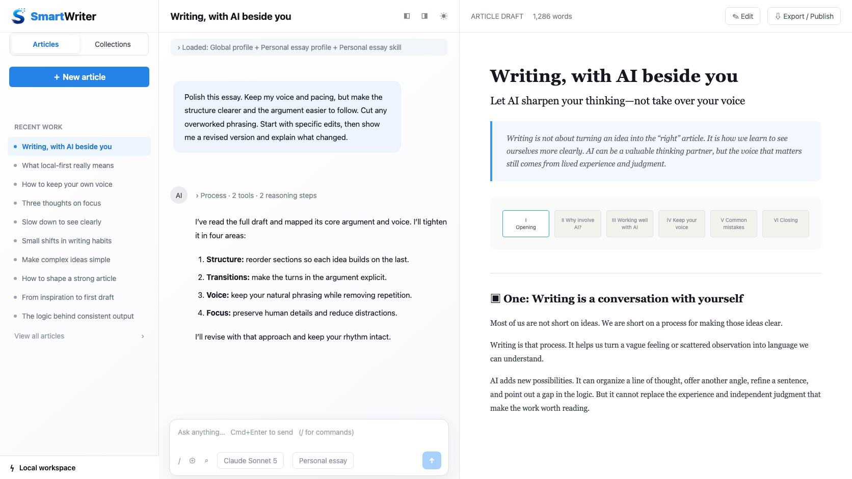 SmartWriter three-pane workspace with drafts, AI collaboration, and the active document